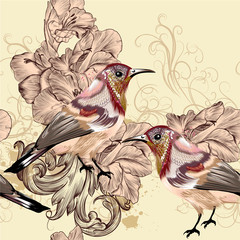 Wall Mural - Beautiful seamless vector wallpaper pattern with birds