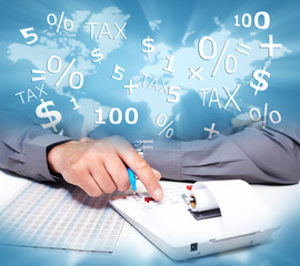 Aufkleber - Hands of business people with calculator.