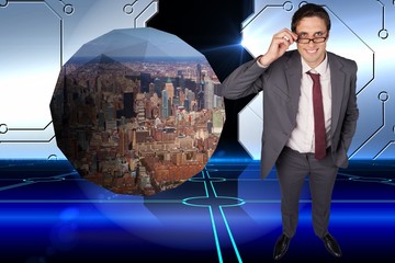 Composite image of thinking businessman touching his glasses