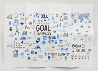 Wall Mural - hand drawn business strategy on crumpled paper background as con