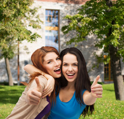 Wall Mural - two smiling girls showing thumbs up