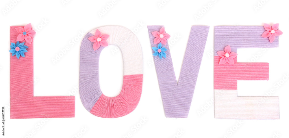 Word Love created with brightly colored knitting yard isolated