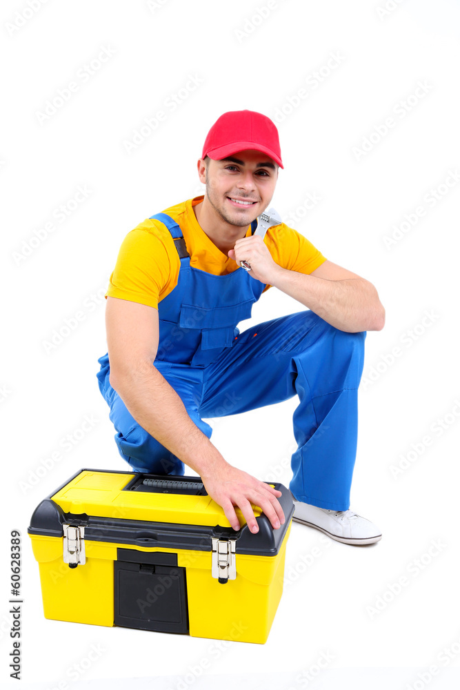 Male worker with toolbox isolated on white