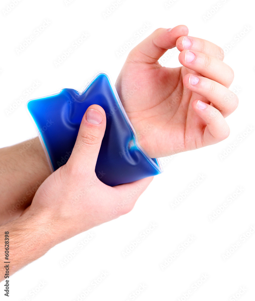 Young man with hand pain, isolated on white