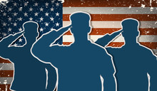 Three US Army Soldiers Saluting On Grunge American Flag Backgrou