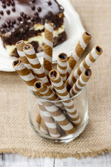 Canvas Print - Striped wafer rolls, delicious chocolate snack