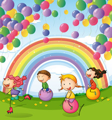 Sticker - Kids playing with floating balloons and rainbow in the sky