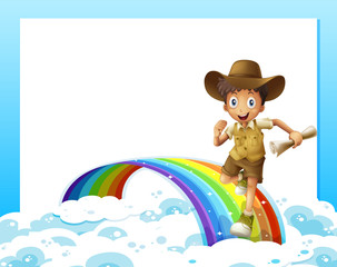 Poster - An empty template and a boy running over the rainbow with a scro