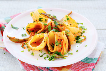 Poster - pasta with tomato sauce and green beans