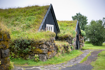 Canvas Print - Overgrown Typical Rural Icelandic house at overcast day