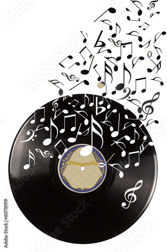 Naklejka - mata magnetyczna na lodówkę Black vinyl record and music notes.