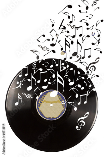 Fototapeta na wymiar Black vinyl record and music notes.