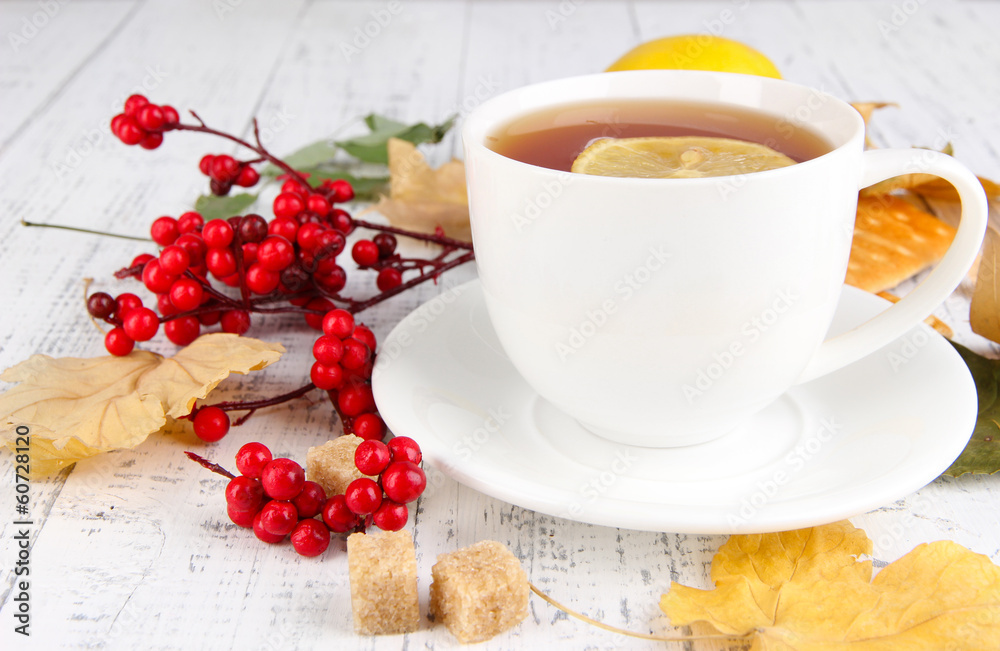 Cup of tea with lemon close up