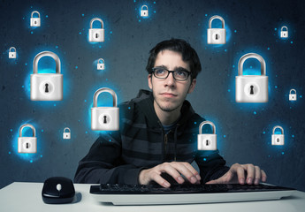 Aufkleber - Young hacker with virtual lock symbols and icons
