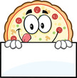 Funny Pizza Cartoon Mascot Character Over A Sign