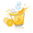 glass of orange juice and ice cubes