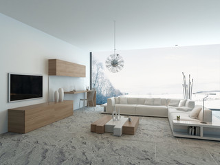 Modern white living room with wooden furniture