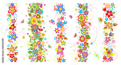 Obraz w ramie Seamless borders with funny colorful flowers