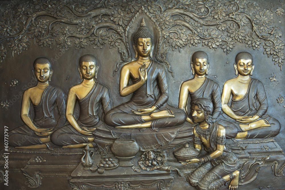 Buddha life scenes on carved metal at the temple in Thailand. - obrazy, fototapety, plakaty 