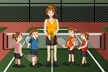 Sticker - Kids in a tennis club with the instructor