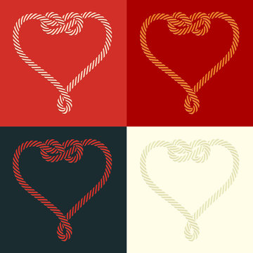 Set of four stylized heart rope shaped with knot