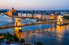 Chain Bridge And Danube River, Night In Budapest