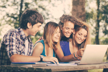 Group of Teenage Students at Park with Computer and Books