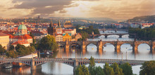 Prague, View Of The Vltava River And Bridges