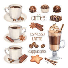 Watercolor Illustrations Of Coffee Cup And Chocolate Sweets