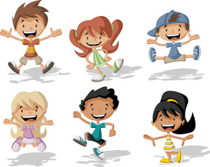 Wall Mural - Group of happy cartoon children jumping