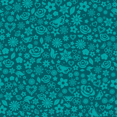 Seamless pattern of flowers, dark turquoise
