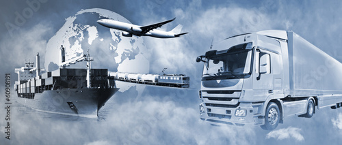 Cuadros en Lienzo Transport mit LKW, Schiff, Flugzeug und Bahn
