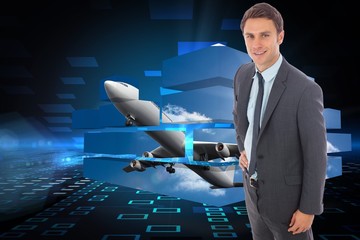 Poster - Composite image of cheerful businessman standing with hand on
