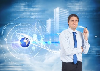 Poster - Composite image of thinking businessman holding pen