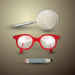 Poster - Retro Objects. Glasses, Pencil, Magnifying Glass.