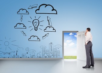 Poster - Composite image of thinking businessman holding glasses