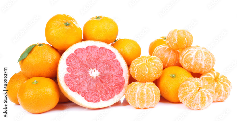 Ripe sweet tangerines and grapefruit, isolated on white
