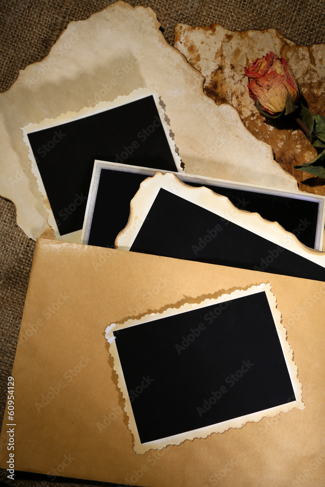 Composition with blank old photos, paper, letters