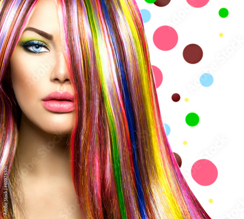 Fototapeta na wymiar Colorful Hair and Makeup. Beauty Fashion Model Girl