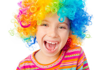 little girl in clown wig