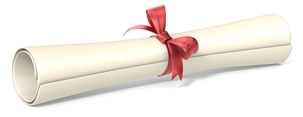 diploma.classic diploma roll with red ribbon knot.