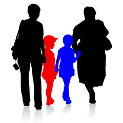 Silhouette of family, mother and children and grandmother on whi