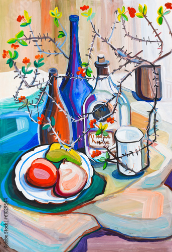 Obraz w ramie Still life with bottles, fruit and prickly a plant in flowing