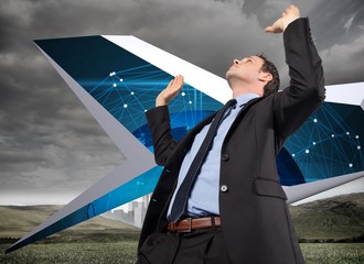 Poster - Composite image of businessman posing with arms raised