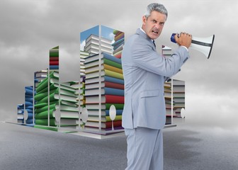 Poster - Composite image of furious businessman posing with loudspeaker
