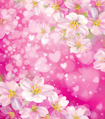 Wall Mural - vector pink background with hearts and flowers.
