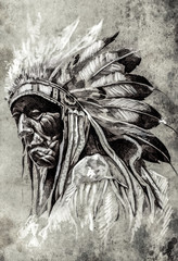 Papier Peint - Sketch of tattoo art, indian head, chief, vintage style
