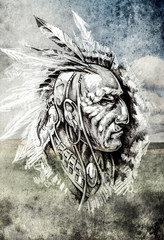 Papier Peint - Sketch of tattoo art, indian head over cropfield background