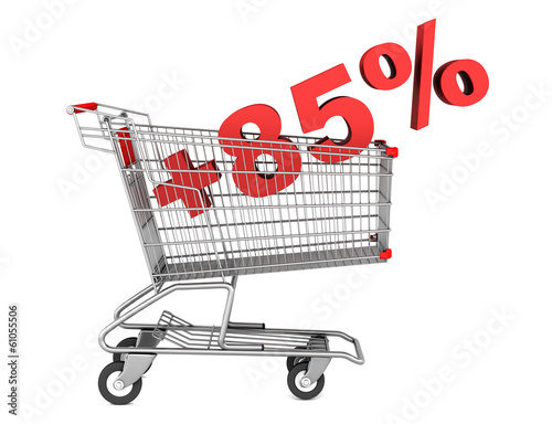 Fotografia shopping cart with plus 85 percent sign isolated on white backgr