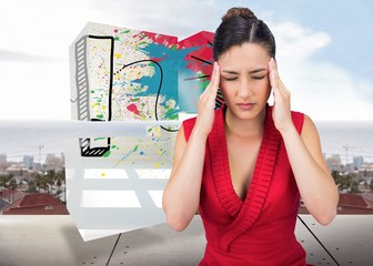 Poster - Composite image of sexy tied haired brunette having headache